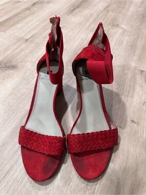 White Mountaineering Red Woven Suede Ankle-Strap Heels